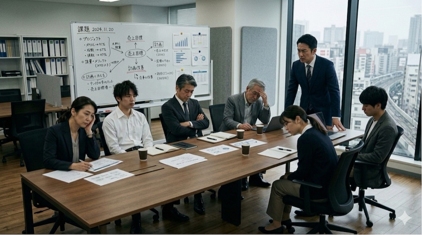 会議で沈黙が流れる場面